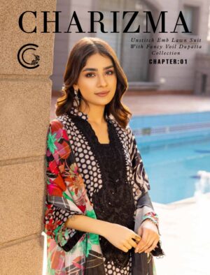 Charizma Chapter Embroidered Lawn with Fancy Voil Lawn Dupatta vol.1_001